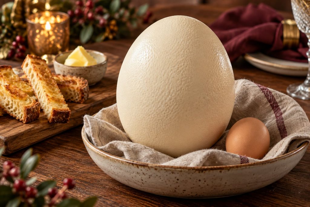 Œuf d’autruche à côté d’un œuf de poule